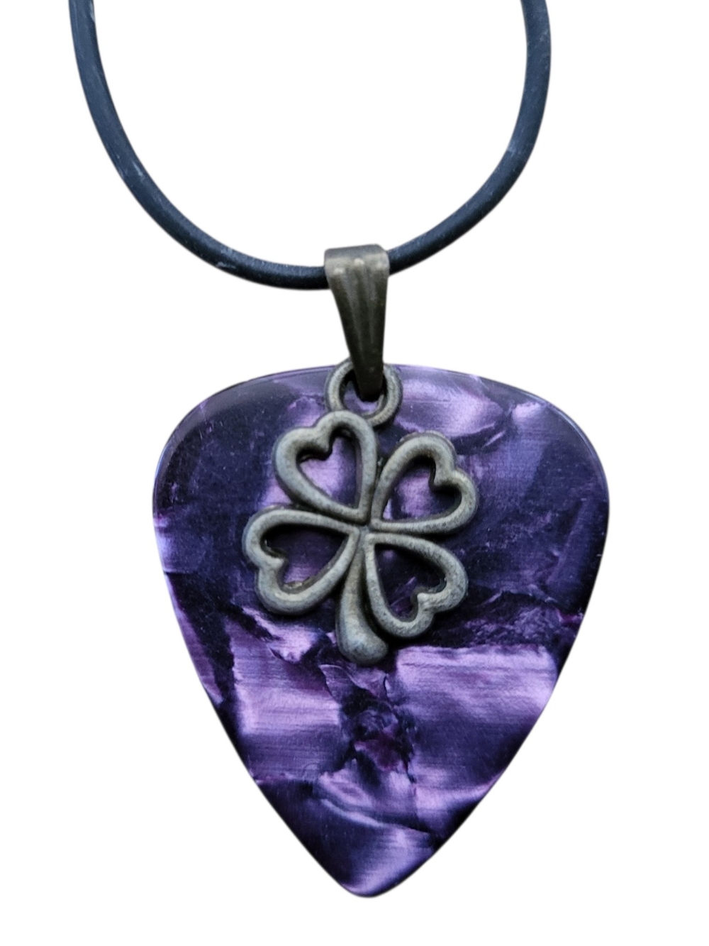 Purple Guitar Pick Necklace With Shamrock 4 Leaf Clover